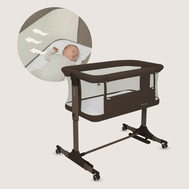 Patut co-sleeper, Lionelo, Pari, Multifunctional, Cu leganare, Reglabil in 6 pozitii pe inaltime, Saltea cu densitate T25, Geanta transport, 84x48x70-80 cm, Maro