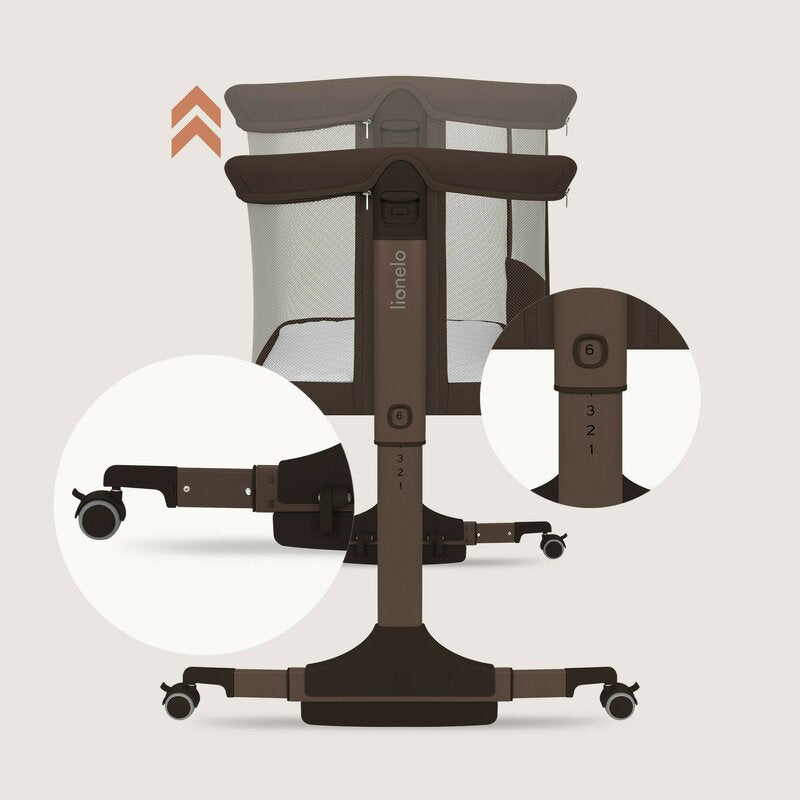 Patut co-sleeper, Lionelo, Pari, Multifunctional, Cu leganare, Reglabil in 6 pozitii pe inaltime, Saltea cu densitate T25, Geanta transport, 84x48x70-80 cm, Maro