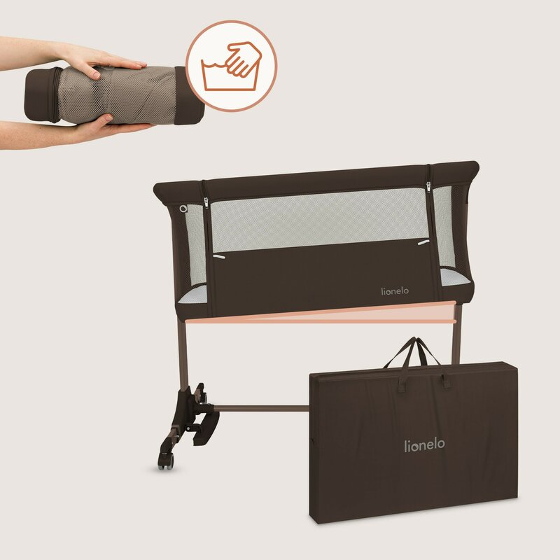 Patut co-sleeper, Lionelo, Pari, Multifunctional, Cu leganare, Reglabil in 6 pozitii pe inaltime, Saltea cu densitate T25, Geanta transport, 84x48x70-80 cm, Maro