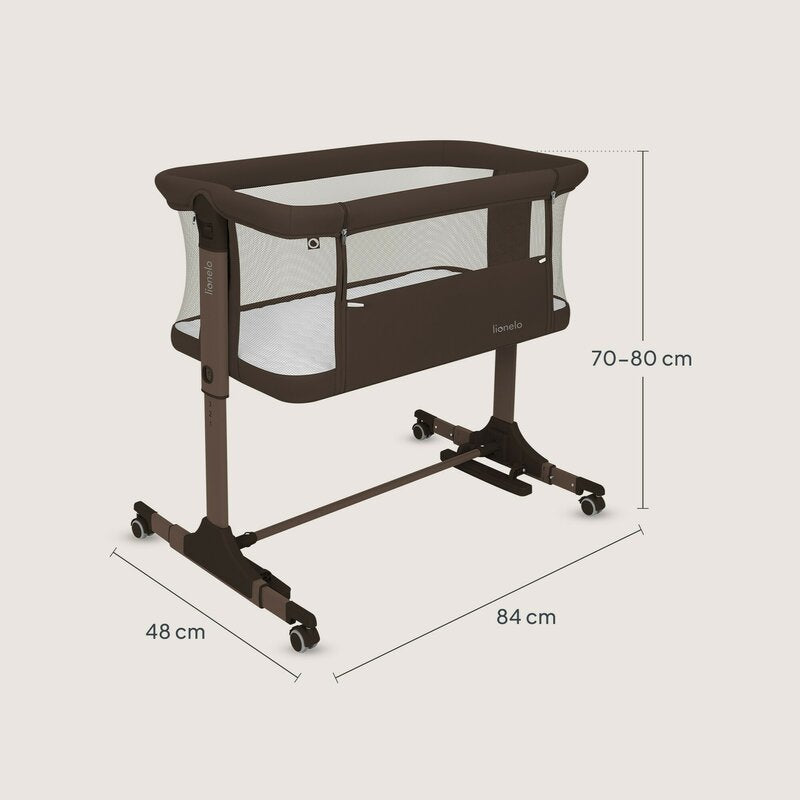 Patut co-sleeper, Lionelo, Pari, Multifunctional, Cu leganare, Reglabil in 6 pozitii pe inaltime, Saltea cu densitate T25, Geanta transport, 84x48x70-80 cm, Maro