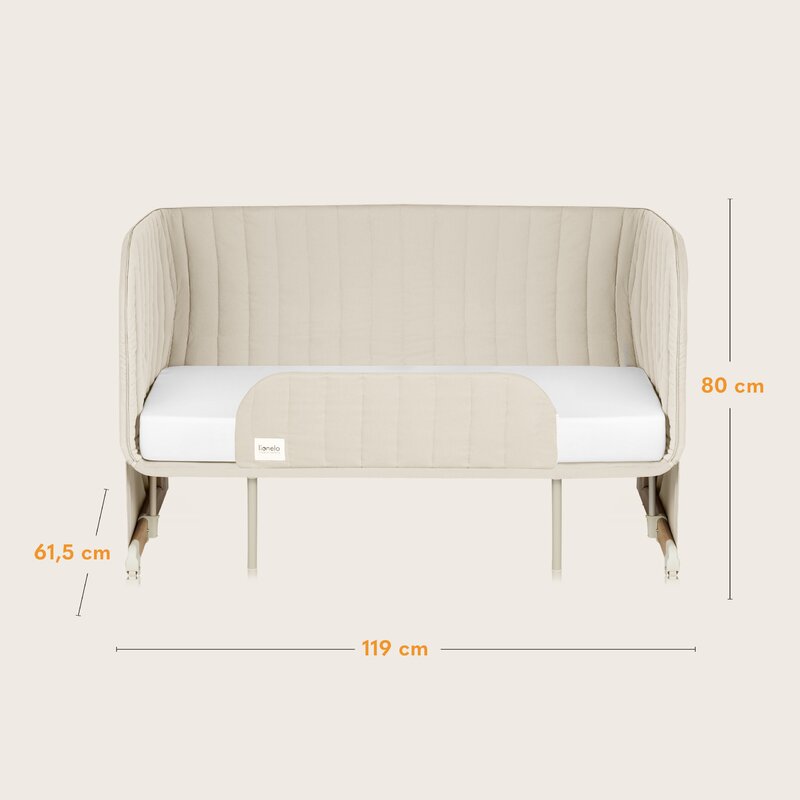 Patut co-sleeper, Lionelo, Thomi Plus, 5 in 1, Multifunctional, Sustine pana la 9 kg ca patut, 15 kg tarc de joaca, 100 kg canapea, Inaltime reglabila in 7 pozitii, De la nastere pana la 4 ani, Cu 2 saltele din spuma T25, 94x70x77-93,5 cm, Bej