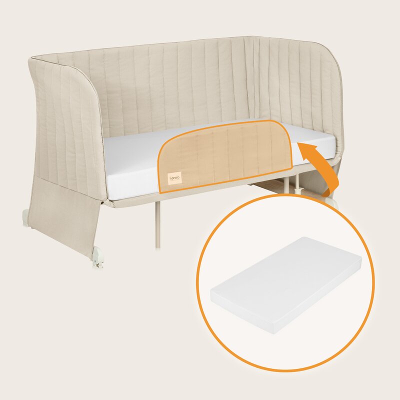 Patut co-sleeper, Lionelo, Thomi Plus, 5 in 1, Multifunctional, Sustine pana la 9 kg ca patut, 15 kg tarc de joaca, 100 kg canapea, Inaltime reglabila in 7 pozitii, De la nastere pana la 4 ani, Cu 2 saltele din spuma T25, 94x70x77-93,5 cm, Bej - gogobaby.ro