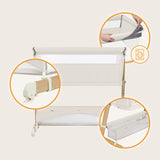 Patut co-sleeper, Lionelo, Thomi Plus, 5 in 1, Multifunctional, Sustine pana la 9 kg ca patut, 15 kg tarc de joaca, 100 kg canapea, Inaltime reglabila in 7 pozitii, De la nastere pana la 4 ani, Cu 2 saltele din spuma T25, 94x70x77-93,5 cm, Bej