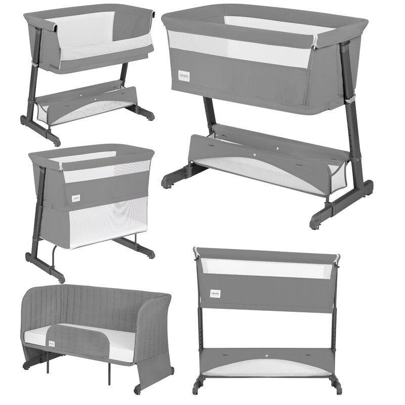 Patut co-sleeper, Lionelo, Thomi Plus, 5 in 1, Multifunctional, Sustine pana la 9 kg ca patut, 15 kg tarc de joaca, 100 kg canapea, Inaltime reglabila in 7 pozitii, De la nastere pana la 4 ani, Cu 2 saltele din spuma T25, 94x70x77-93,5 cm, Gri