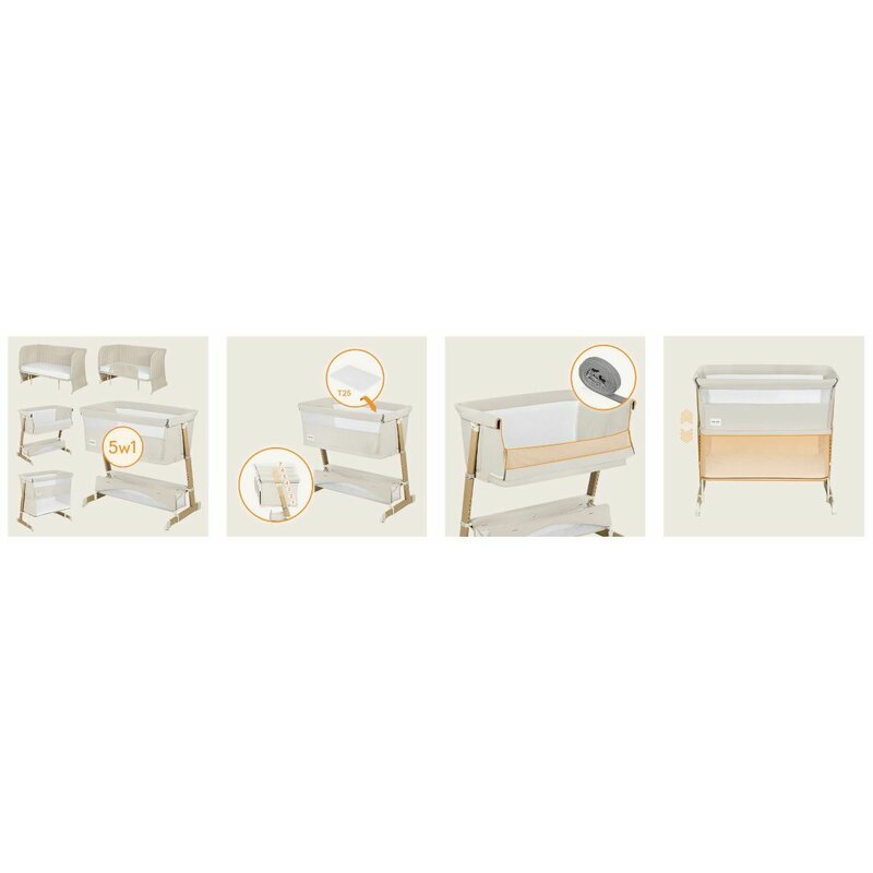Patut co-sleeper, Lionelo, Thomi Plus, 5 in 1, Multifunctional, Sustine pana la 9 kg ca patut, 15 kg tarc de joaca, 100 kg canapea, Inaltime reglabila in 7 pozitii, De la nastere pana la 4 ani, Cu 2 saltele din spuma T25, 94x70x77-93,5 cm, Bej - gogobaby.ro