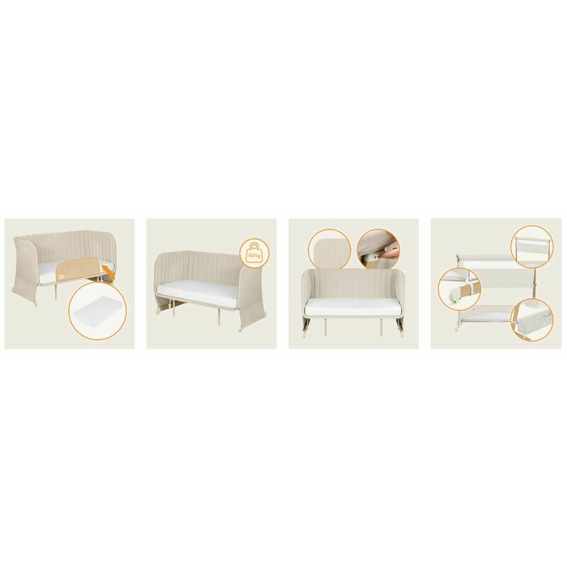 Patut co-sleeper, Lionelo, Thomi Plus, 5 in 1, Multifunctional, Sustine pana la 9 kg ca patut, 15 kg tarc de joaca, 100 kg canapea, Inaltime reglabila in 7 pozitii, De la nastere pana la 4 ani, Cu 2 saltele din spuma T25, 94x70x77-93,5 cm, Bej