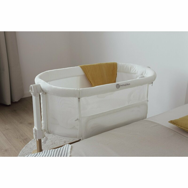 Patut co-sleeper, Petite&Mars, Glory, 2 in 1, Cu leganare, Cu ajustare pe inaltime in 5 pozitii, Cu saltea, Pliabil, Geanta de transport inclusa,0 luni+, Greutate suportata: 9 kg, Bej
