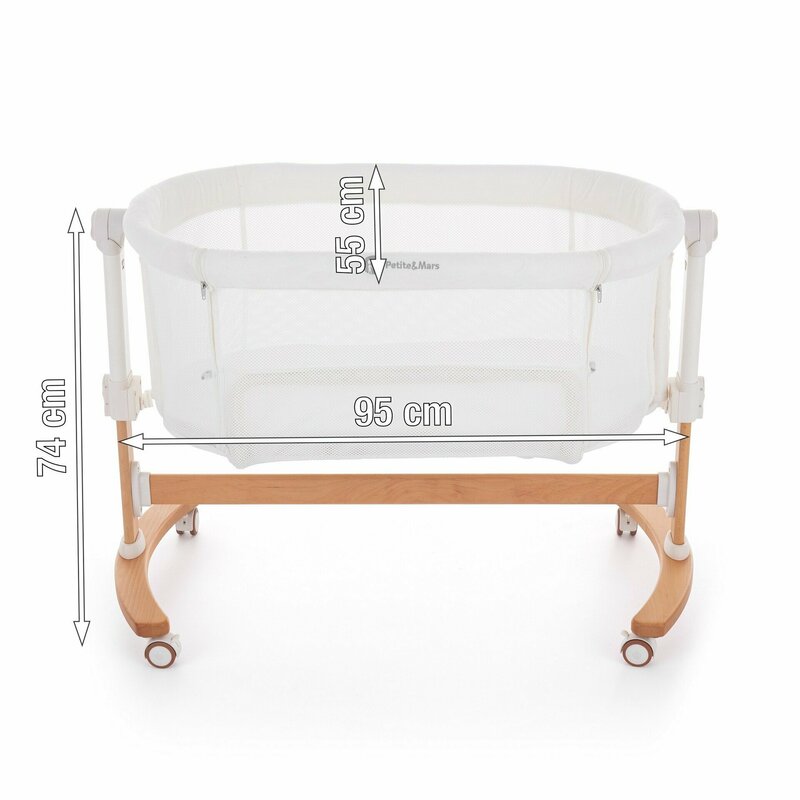 Patut co-sleeper, Petite&Mars, Glory, 2 in 1, Cu leganare, Cu ajustare pe inaltime in 5 pozitii, Cu saltea, Pliabil, Geanta de transport inclusa,0 luni+, Greutate suportata: 9 kg, Bej
