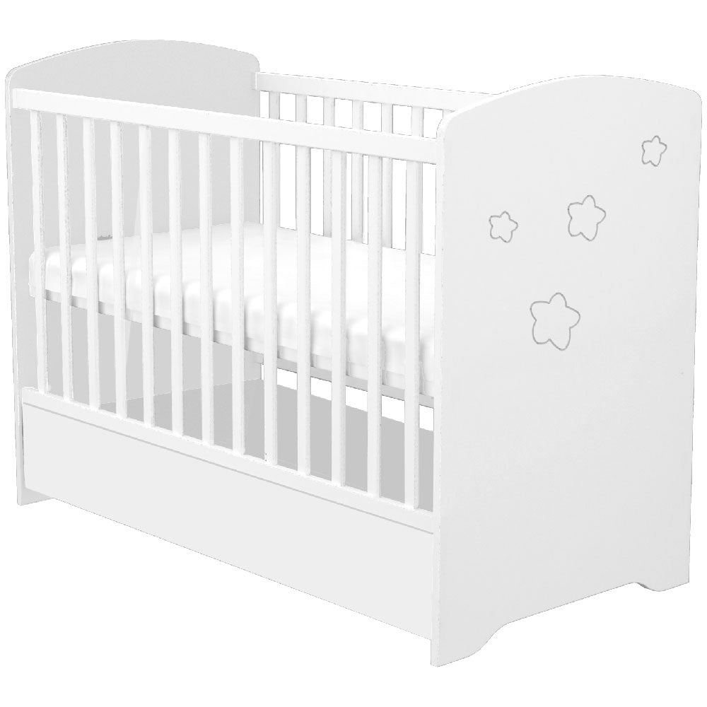 Patut copii din lemn cu sertar Hubners Matei 120x60 cm alb cu stelute - gogobaby.ro