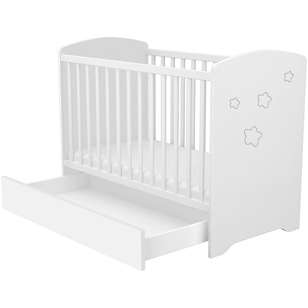 Patut copii din lemn cu sertar Hubners Matei 120x60 cm alb cu stelute - gogobaby.ro
