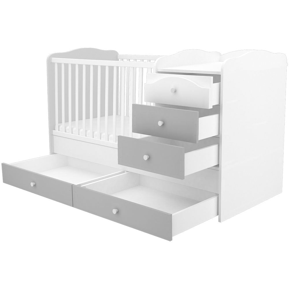 Patut copii transformabil din lemn cu 5 sertare Hubners Patrik Maxi Kombi 120x70 cm alb grafit - gogobaby.ro