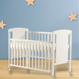 Patut din lemn bebe, 120x60 cm, Cu laterala culisanta, Din pin si mdf, Cu roti, Sina dentitie, Stabil si rezistent, White, FreeON, Mia