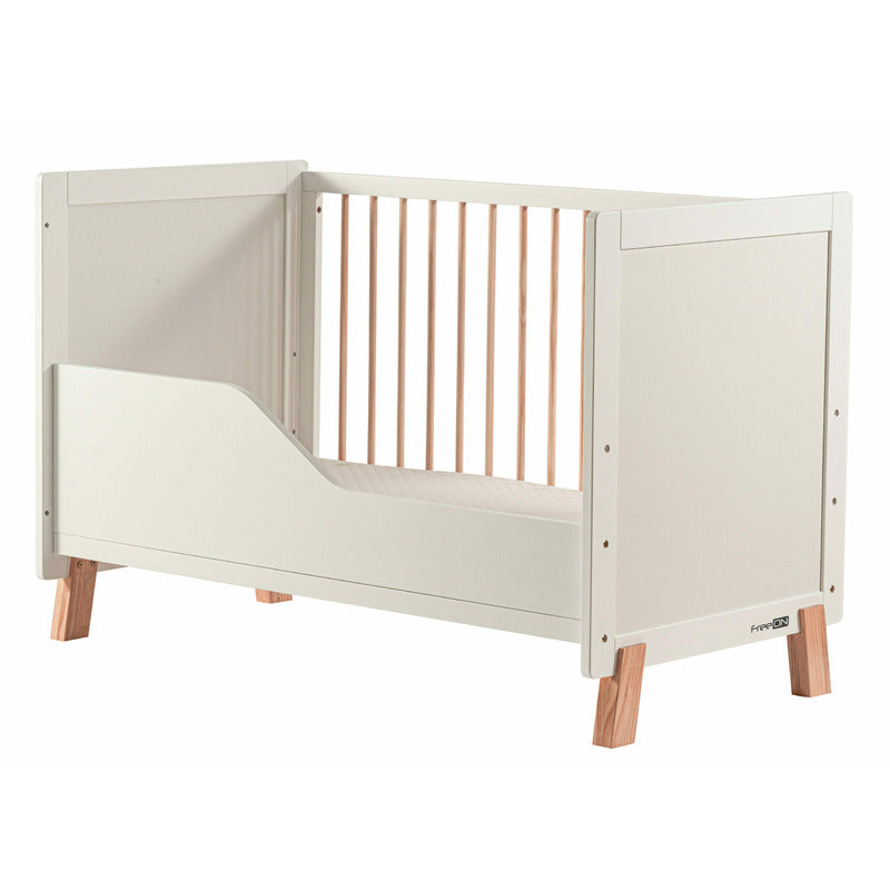 Patut din lemn bebe, 120x60 cm, Transformabil, Cu bariera de siguranta, Din lemn de pin si mdf, Stabil si rezistent, White, FreeON, Ava
