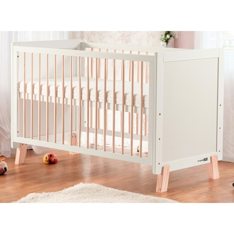 Patut din lemn bebe, 120x60 cm, Transformabil, Cu bariera de siguranta, Din lemn de pin si mdf, Stabil si rezistent, White, FreeON, Ava