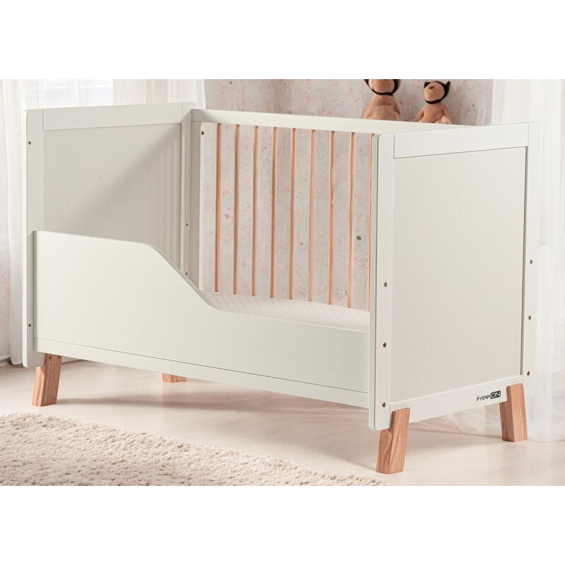 Patut din lemn bebe, 120x60 cm, Transformabil, Cu bariera de siguranta, Din lemn de pin si mdf, Stabil si rezistent, White, FreeON, Ava