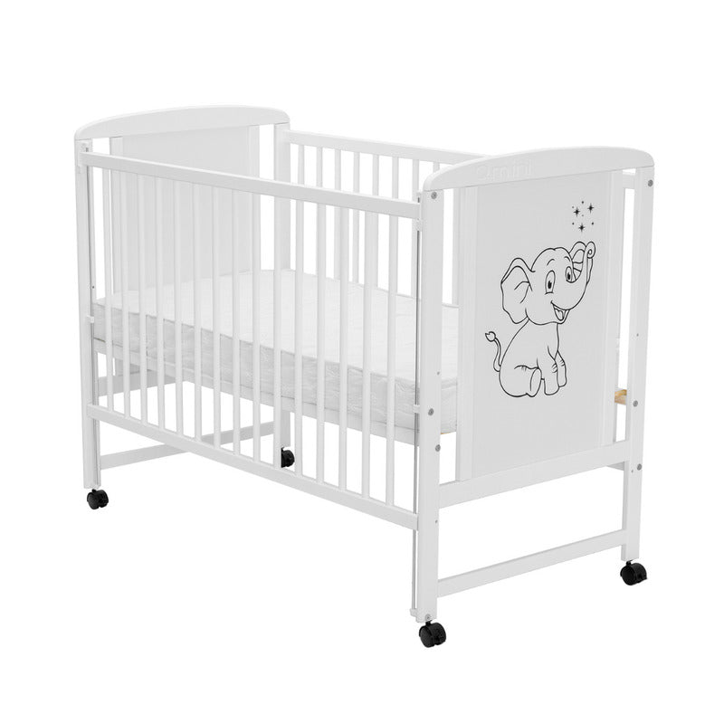 Patut din lemn bebe, 120x60 cm, Cu laterala culisanta, Din lemn de pin si mdf, Stabil si rezistent, Inaltime saltea reglabila pe 3 nivele, Laterala cu 3 bete detasabile, EN716-1, EN716-2, Alb, Qmini, Timmi Elephant + Saltea 12 cm - gogobaby.ro