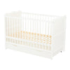 Patut din lemn bebe, 120x60 cm, Cu sertar, Cu sina speciala pentru dentitie, Multifunctional, EN716-1, EN716-2, Alb, Qmini, Julia + Saltea 10 cm