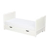 Patut din lemn bebe, 120x60 cm, Cu sertar, Cu sina speciala pentru dentitie, Multifunctional, EN716-1, EN716-2, Alb, Qmini, Julia + Saltea 10 cm