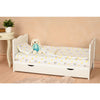 Patut din lemn bebe, 120x60 cm, Cu sertar, Cu sina speciala pentru dentitie, Multifunctional, EN716-1, EN716-2, Alb, Qmini, Julia + Saltea 12 cm