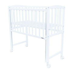 Patut din lemn bebe, 90x40 cm, Cu laterala culisanta, Cu roti, Certificat lemn FSC, Conform cu standardele de siguranta EN 716-1:2008, EN 716-2:2008, White, New Baby, Mateo