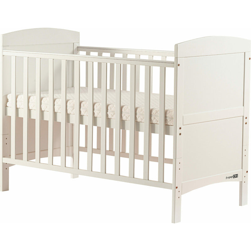 Patut din lemn bebe, 120x60 cm, Transformabil pentru bebe si junior, Din lemn de pin si mdf, Cu sina speciala pentru dentitie, Stabil si rezistent, White, FreeON, Lory