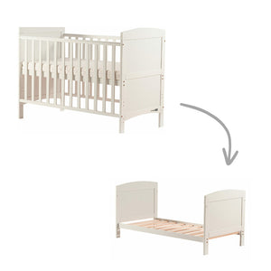 Patut din lemn bebe, 120x60 cm, Transformabil pentru bebe si junior, Din lemn de pin si mdf, Cu sina speciala pentru dentitie, Stabil si rezistent, White, FreeON, Lory - gogobaby.ro