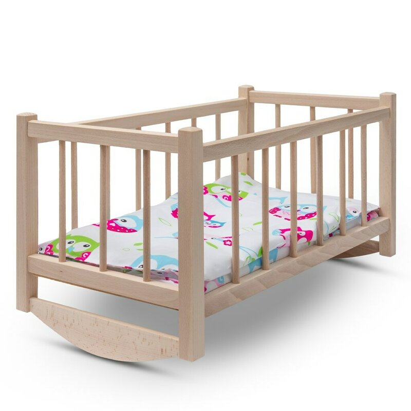 Patut din lemn pentru papusi, Baby Mix, Cu sistem de leganare, Cu saltea, pernuta si paturica, Owl
