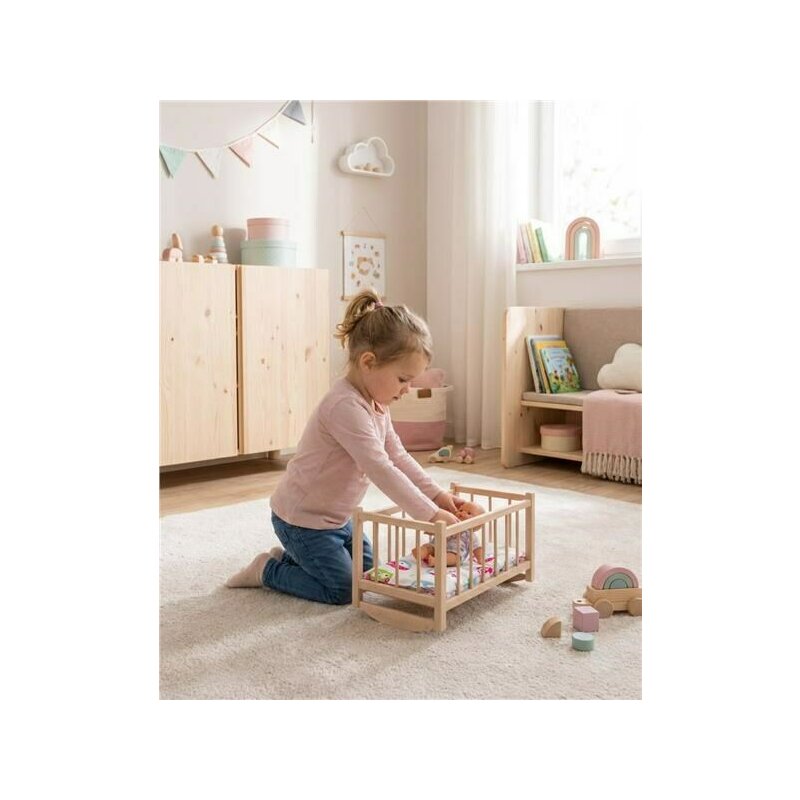 Patut din lemn pentru papusi, Baby Mix, Cu sistem de leganare, Cu saltea, pernuta si paturica, Owl