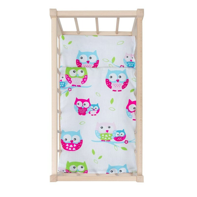 Patut din lemn pentru papusi, Baby Mix, Cu sistem de leganare, Cu saltea, pernuta si paturica, Owl