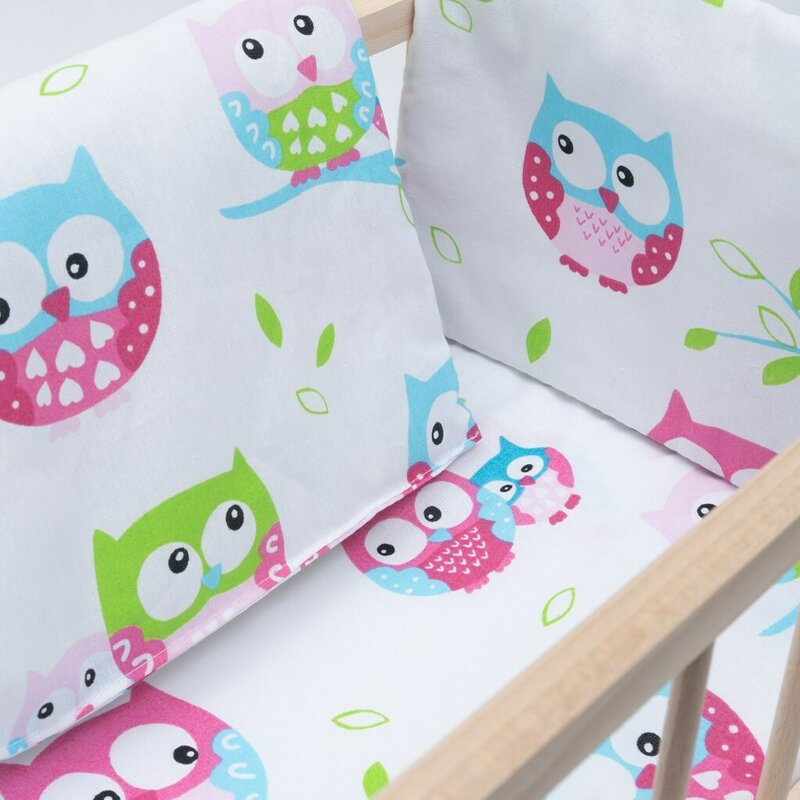 Patut din lemn pentru papusi, Baby Mix, Cu sistem de leganare, Cu saltea, pernuta si paturica, Owl