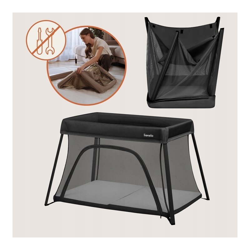 Patut multifunctional, Lionelo, Alice, 3 in 1, 2 trepte de inaltime pentru saltea, Pliabil, Material rezistent Oxford 300D, Cu iesire laterala, Geanta de transport, Pana 15 kg, 0 luni+, 104×70×74 cm, Negru - gogobaby.ro