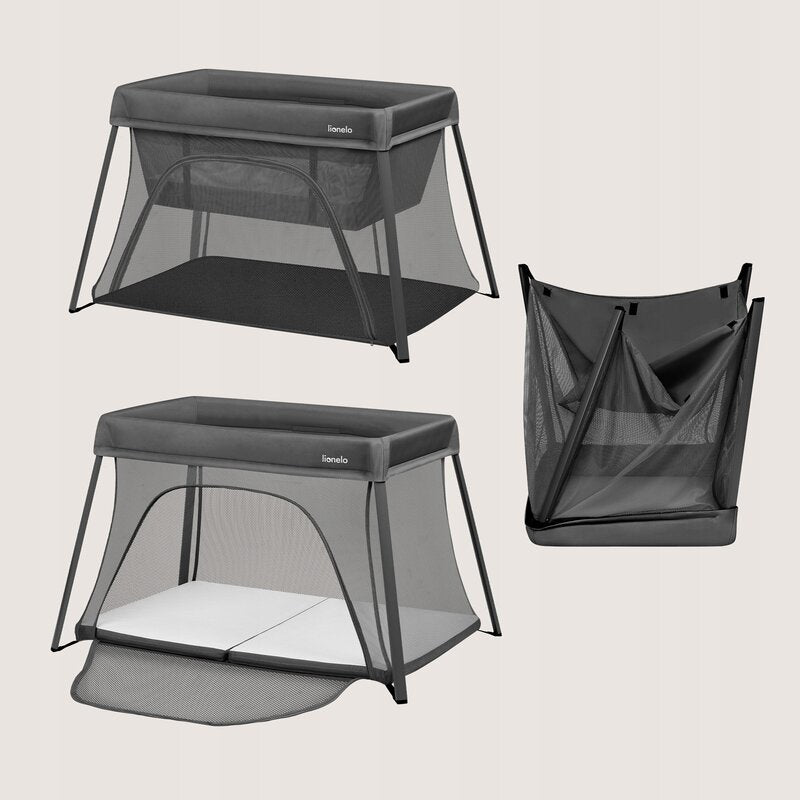 Patut multifunctional, Lionelo, Alice, 3 in 1, 2 trepte de inaltime pentru saltea, Pliabil, Material rezistent Oxford 300D, Cu iesire laterala, Geanta de transport, Pana 15 kg, 0 luni+, 104×70×74 cm, Gri - gogobaby.ro