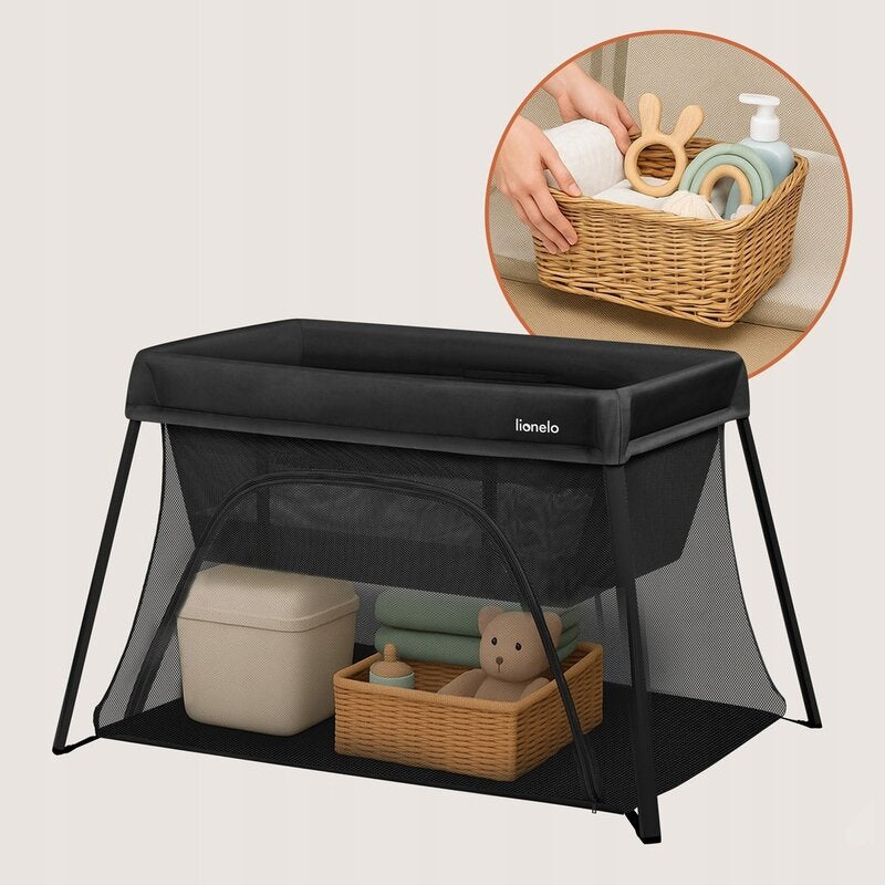 Patut multifunctional, Lionelo, Alice, 3 in 1, 2 trepte de inaltime pentru saltea, Pliabil, Material rezistent Oxford 300D, Cu iesire laterala, Geanta de transport, Pana 15 kg, 0 luni+, 104×70×74 cm, Negru - gogobaby.ro