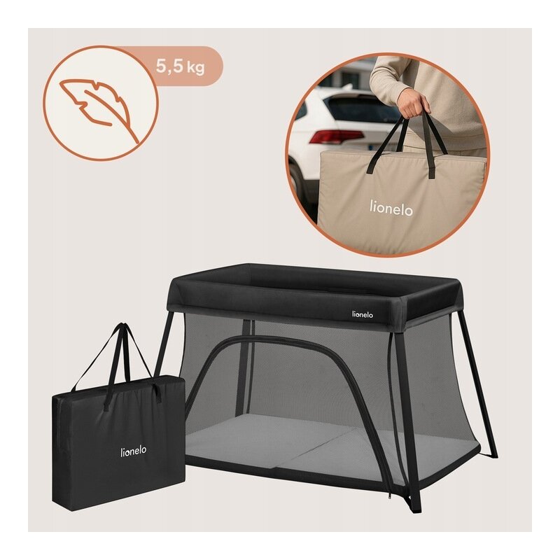 Patut multifunctional, Lionelo, Alice, 3 in 1, 2 trepte de inaltime pentru saltea, Pliabil, Material rezistent Oxford 300D, Cu iesire laterala, Geanta de transport, Pana 15 kg, 0 luni+, 104×70×74 cm, Negru - gogobaby.ro