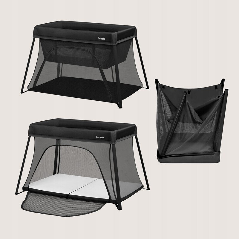Patut multifunctional, Lionelo, Alice, 3 in 1, 2 trepte de inaltime pentru saltea, Pliabil, Material rezistent Oxford 300D, Cu iesire laterala, Geanta de transport, Pana 15 kg, 0 luni+, 104×70×74 cm, Negru - gogobaby.ro