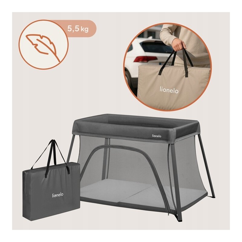 Patut multifunctional, Lionelo, Alice, 3 in 1, 2 trepte de inaltime pentru saltea, Pliabil, Material rezistent Oxford 300D, Cu iesire laterala, Geanta de transport, Pana 15 kg, 0 luni+, 104×70×74 cm, Gri - gogobaby.ro