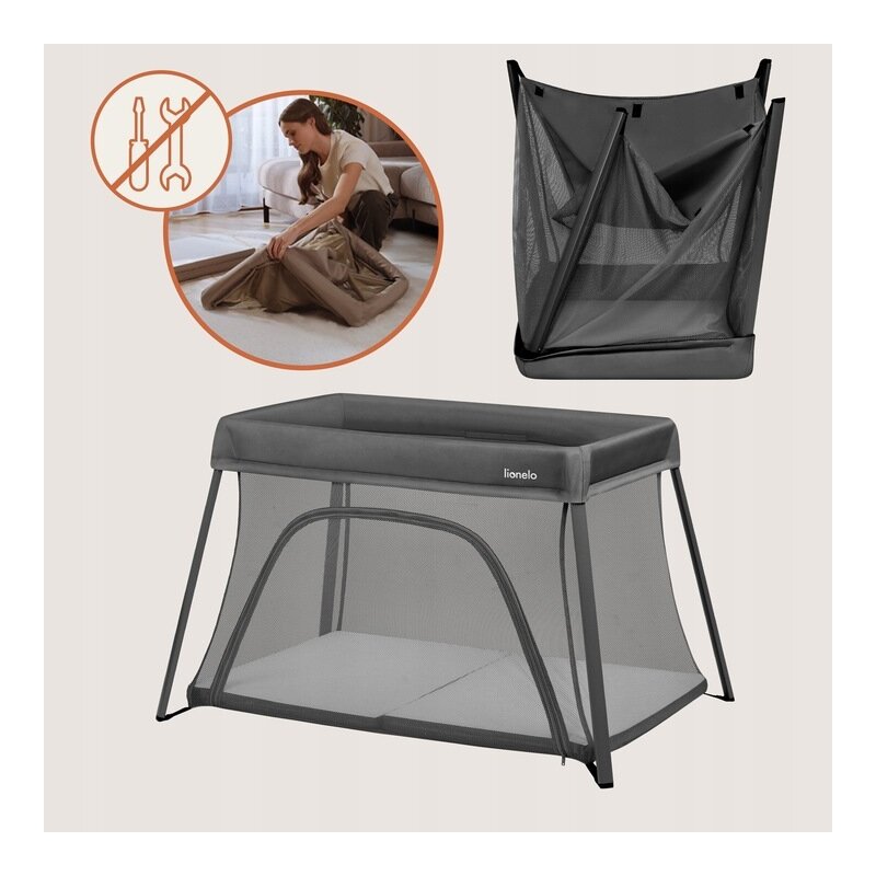 Patut multifunctional, Lionelo, Alice, 3 in 1, 2 trepte de inaltime pentru saltea, Pliabil, Material rezistent Oxford 300D, Cu iesire laterala, Geanta de transport, Pana 15 kg, 0 luni+, 104×70×74 cm, Gri - gogobaby.ro