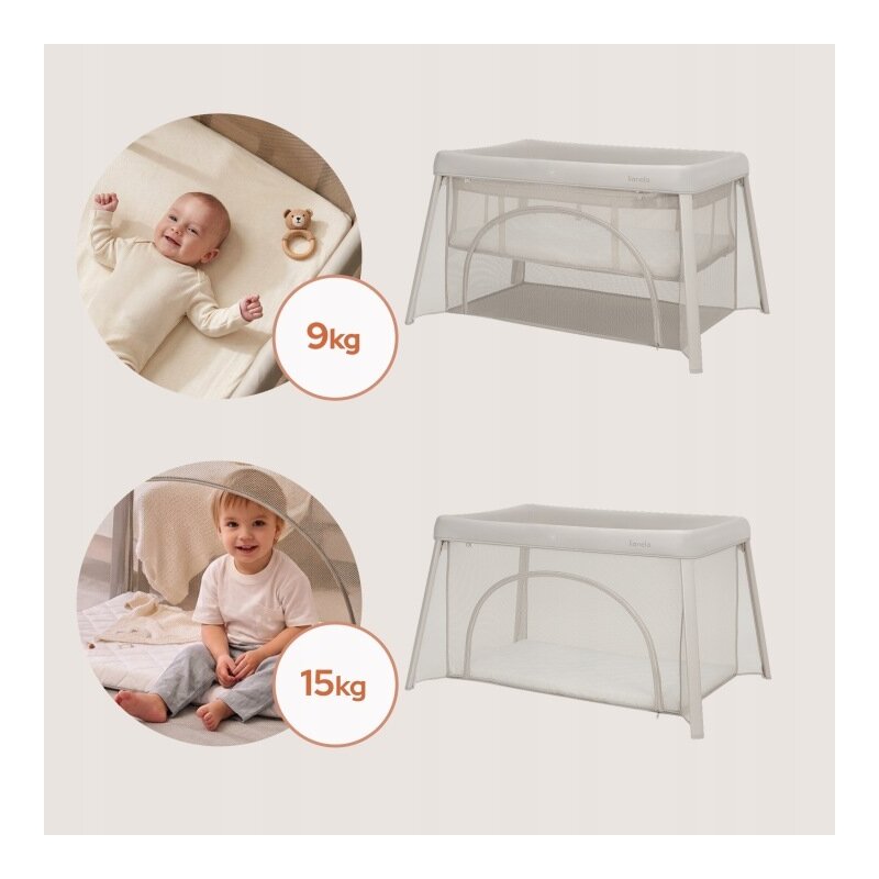 Patut multifunctional, Lionelo, Mila, 2 in 1, Saltea 4 cm cu spuma T25, 2 niveluri de inaltime, Pliere rapida, Intrare laterala, Geanta de transport inclusa, 0-36 luni, Pana la 15 kg, Bej