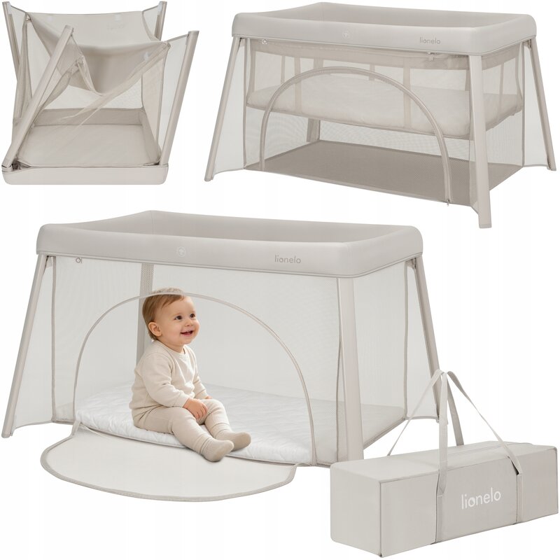 Patut multifunctional, Lionelo, Mila, 2 in 1, Saltea 4 cm cu spuma T25, 2 niveluri de inaltime, Pliere rapida, Intrare laterala, Geanta de transport inclusa, 0-36 luni, Pana la 15 kg, Bej