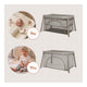 Patut multifunctional, Lionelo, Mila, 2 in 1, Saltea 4 cm cu spuma T25, 2 niveluri de inaltime, Pliere rapida, Intrare laterala, Geanta de transport inclusa, 0-36 luni, Pana la 15 kg, Bej Taupe