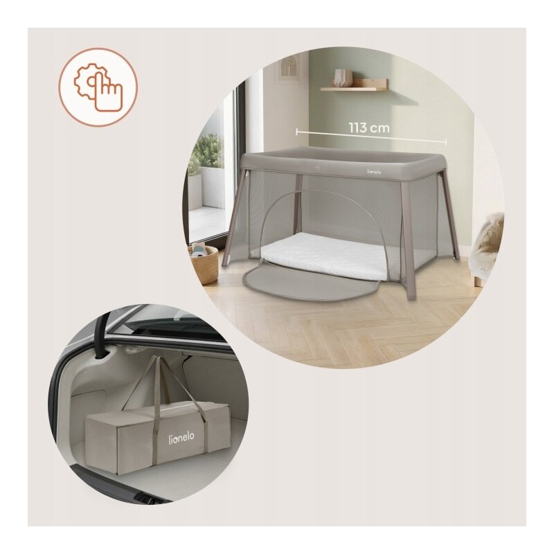 Patut multifunctional, Lionelo, Mila, 2 in 1, Saltea 4 cm cu spuma T25, 2 niveluri de inaltime, Pliere rapida, Intrare laterala, Geanta de transport inclusa, 0-36 luni, Pana la 15 kg, Bej Taupe