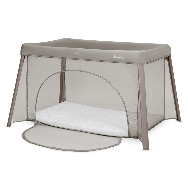 Patut multifunctional, Lionelo, Mila, 2 in 1, Saltea 4 cm cu spuma T25, 2 niveluri de inaltime, Pliere rapida, Intrare laterala, Geanta de transport inclusa, 0-36 luni, Pana la 15 kg, Bej Taupe