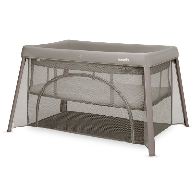 Patut multifunctional, Lionelo, Mila, 2 in 1, Saltea 4 cm cu spuma T25, 2 niveluri de inaltime, Pliere rapida, Intrare laterala, Geanta de transport inclusa, 0-36 luni, Pana la 15 kg, Bej Taupe
