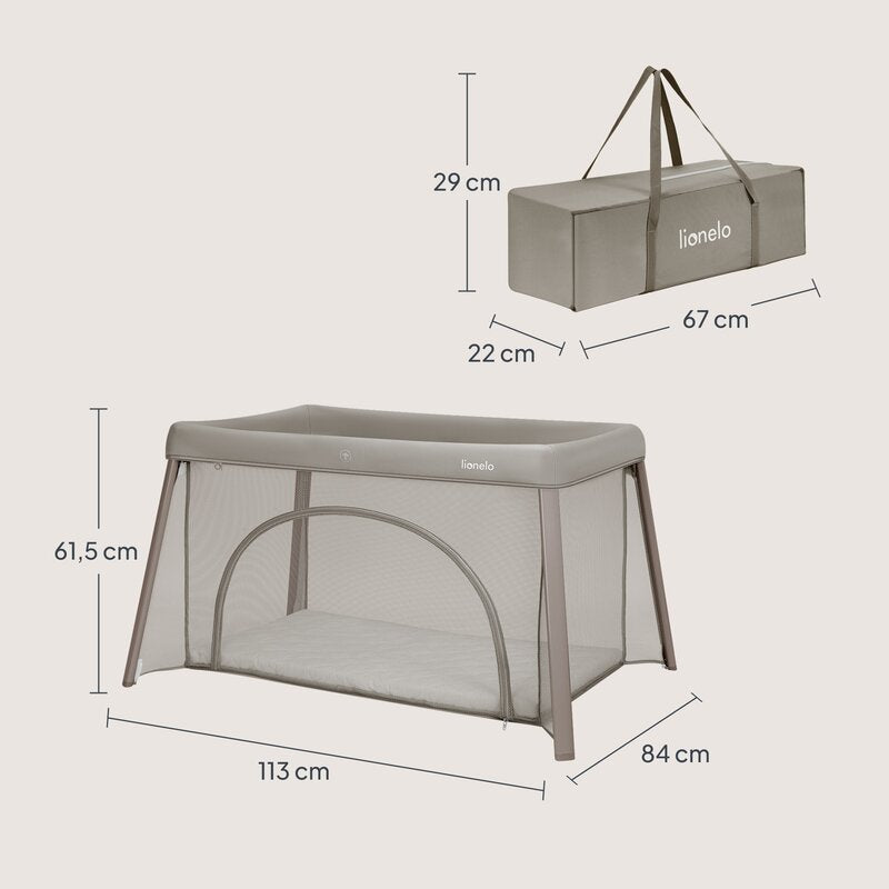 Patut multifunctional, Lionelo, Mila, 2 in 1, Saltea 4 cm cu spuma T25, 2 niveluri de inaltime, Pliere rapida, Intrare laterala, Geanta de transport inclusa, 0-36 luni, Pana la 15 kg, Bej Taupe