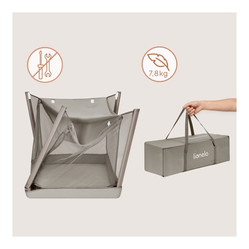 Patut multifunctional, Lionelo, Mila, 2 in 1, Saltea 4 cm cu spuma T25, 2 niveluri de inaltime, Pliere rapida, Intrare laterala, Geanta de transport inclusa, 0-36 luni, Pana la 15 kg, Bej Taupe