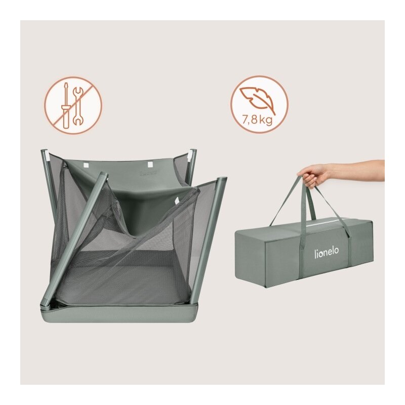 Patut multifunctional, Lionelo, Mila, 2 in 1, Saltea 4 cm cu spuma T25, 2 niveluri de inaltime, Pliere rapida, Intrare laterala, Geanta de transport inclusa, 0-36 luni, Pana la 15 kg, Verde