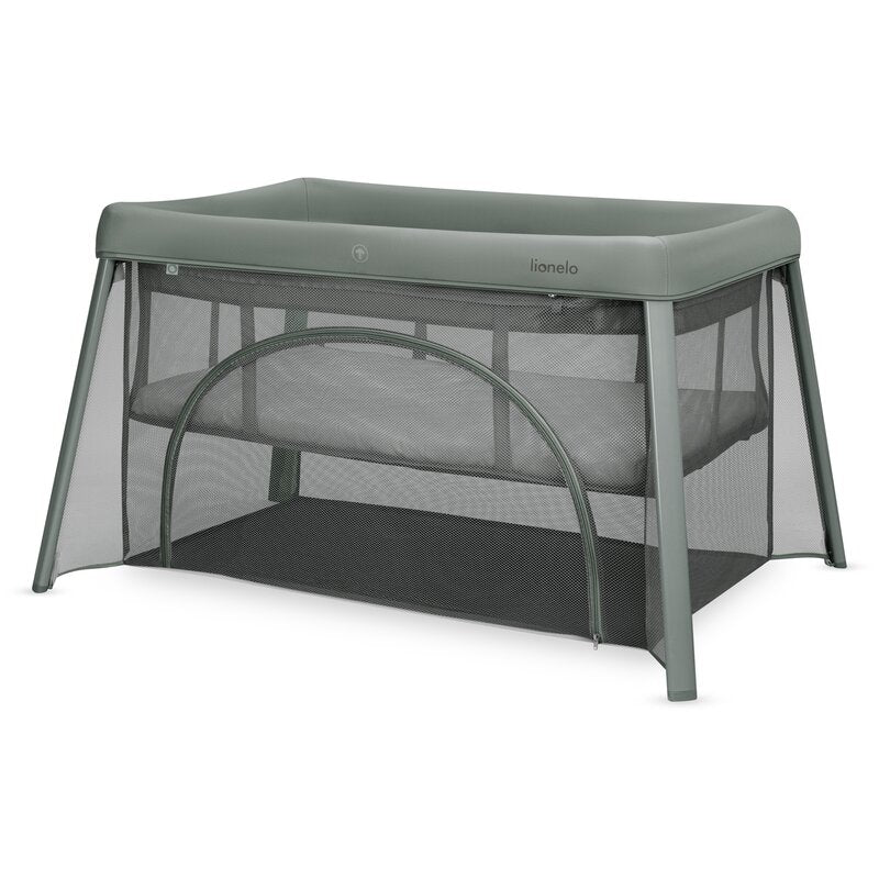 Patut multifunctional, Lionelo, Mila, 2 in 1, Saltea 4 cm cu spuma T25, 2 niveluri de inaltime, Pliere rapida, Intrare laterala, Geanta de transport inclusa, 0-36 luni, Pana la 15 kg, Verde