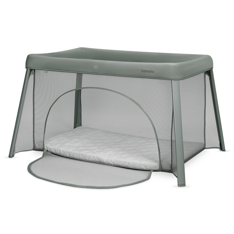 Patut multifunctional, Lionelo, Mila, 2 in 1, Saltea 4 cm cu spuma T25, 2 niveluri de inaltime, Pliere rapida, Intrare laterala, Geanta de transport inclusa, 0-36 luni, Pana la 15 kg, Verde