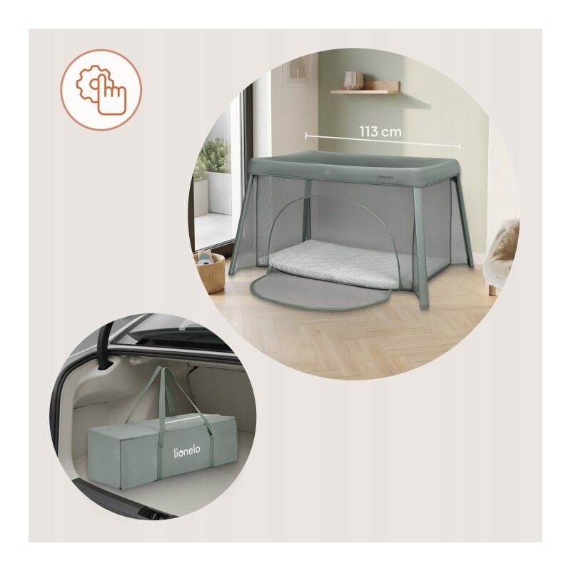Patut multifunctional, Lionelo, Mila, 2 in 1, Saltea 4 cm cu spuma T25, 2 niveluri de inaltime, Pliere rapida, Intrare laterala, Geanta de transport inclusa, 0-36 luni, Pana la 15 kg, Verde