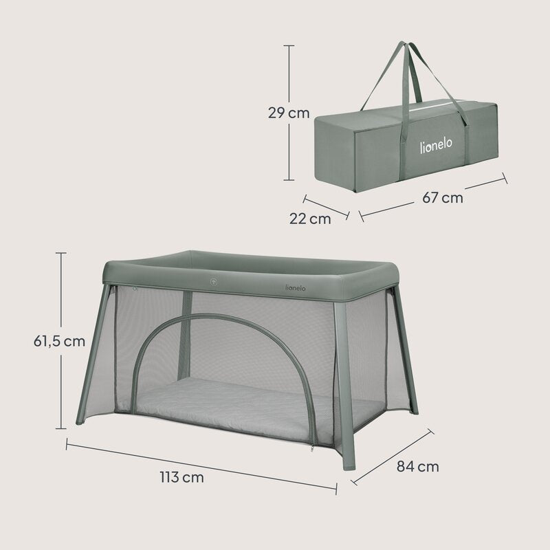 Patut multifunctional, Lionelo, Mila, 2 in 1, Saltea 4 cm cu spuma T25, 2 niveluri de inaltime, Pliere rapida, Intrare laterala, Geanta de transport inclusa, 0-36 luni, Pana la 15 kg, Verde